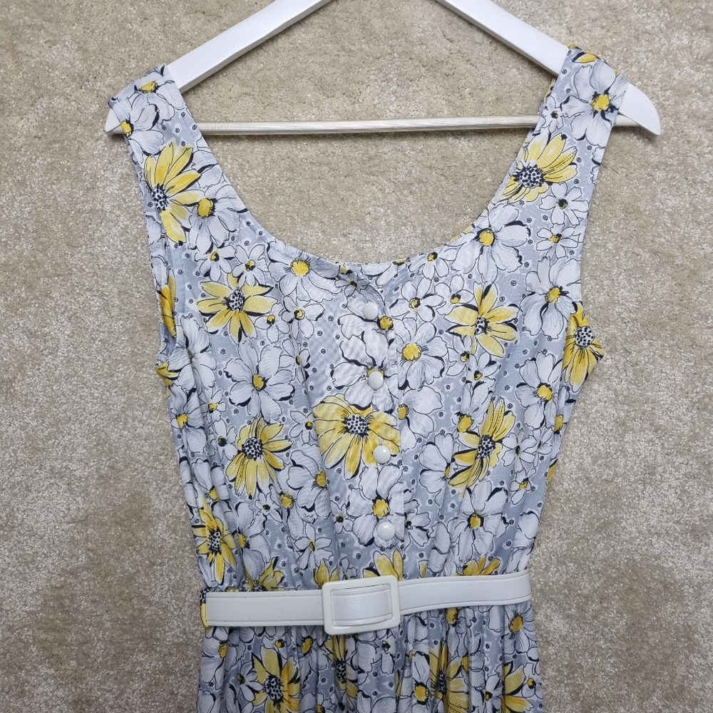 Vintage Heather Valley Dress Size 14 1970's Yellow Grey Daisy Sleeveless Button - Picture 1 of 10